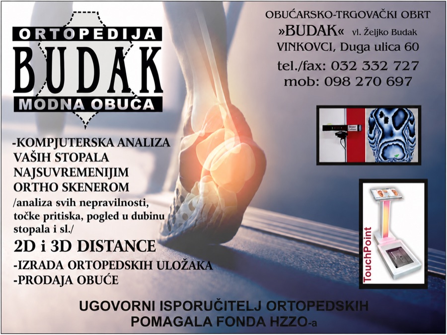 Letak: Ortopedija Budak, modna obuća. Računalna analiza stopala ortho skenerom, ulošci po mjeri, ugovorni isporučitelj ortopedskih pomagala Fonda HZZO-a.